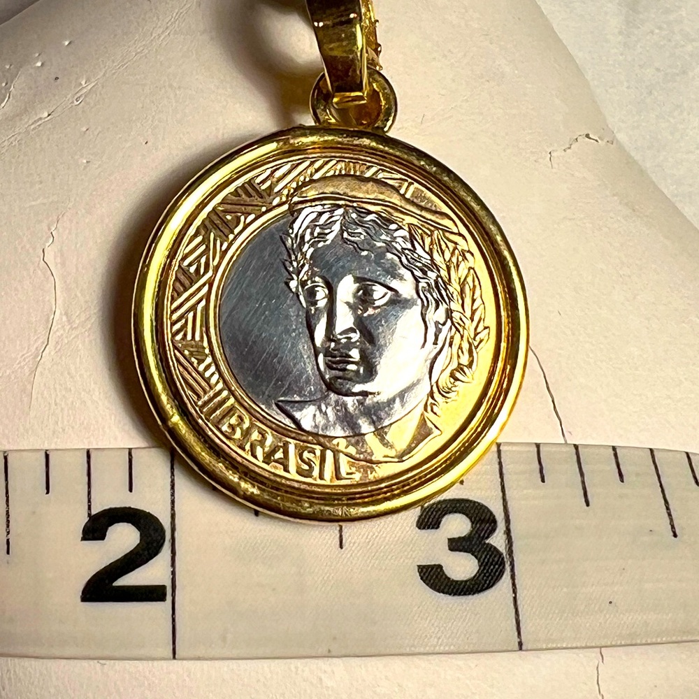 Genuine Brazilian 1 Real Coin Charm framed in Gold-tone w/EZ Hang Clasp. 1” NWOT